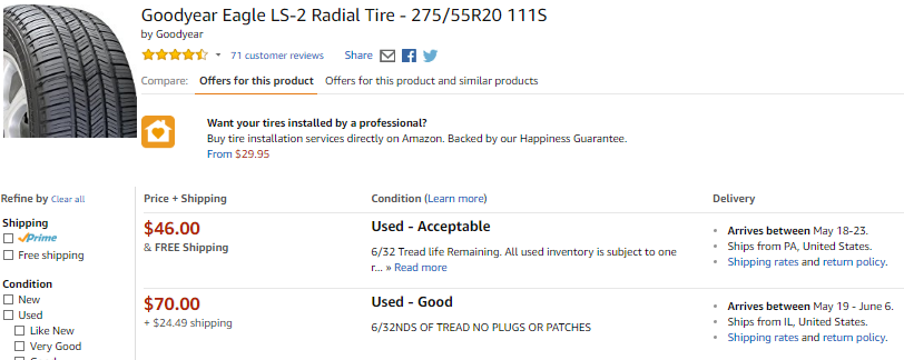 Goodyear Eagle used tire offers on Amazon.