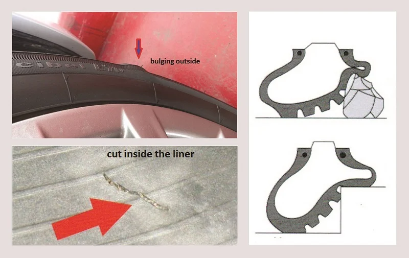 Tire sidewall bulge and cut inside