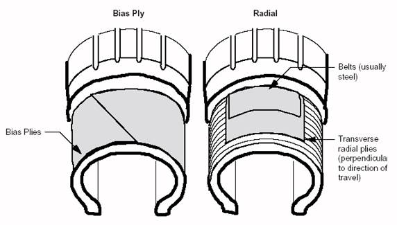 A bias ply tire and a radial type tire.